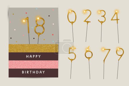 Téléchargez les illustrations : Joyeux anniversaire cartes de vœux et modèles d'invitation avec des numéros de gâteau aux paillettes et de bougie scintillante. Illustration vectorielle créative dans un style réaliste et plat - en licence libre de droit