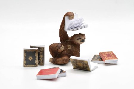 Photo for Miniature figurine toy of a sloth reading books - Royalty Free Image