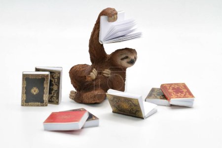 Foto de Una toma vertical de un juguete en miniatura perezoso con libros - Imagen libre de derechos
