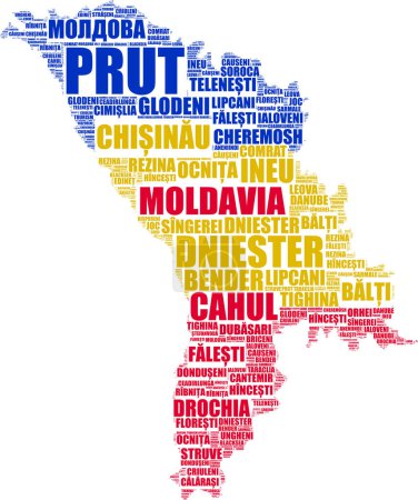 Moldavia map silhouette collage with related names and words