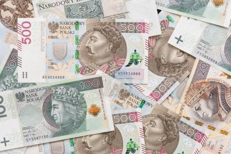 Lot of polish banknotes, polish money, PLN currency background