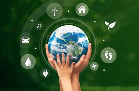 Photo for Ecology concept with hands holding earth globe, flying eco icons - Royalty Free Image