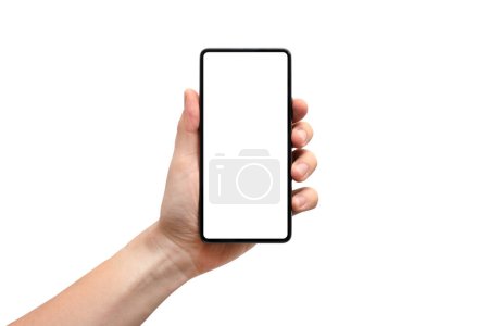 Photo for Man hand holding black smartphone isolated on white background - Royalty Free Image