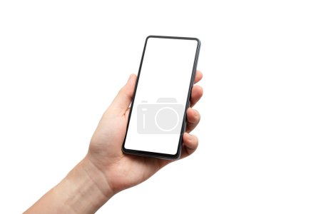 Photo for Man hand holding black smartphone isolated on white background - Royalty Free Image