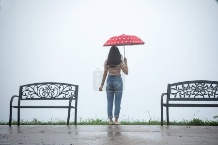 Rückenansicht einer Frau, die mit rotem Regenschirm im Nebel zwischen Bank steht