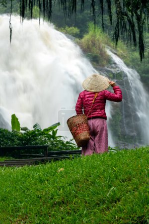 Traditional native Asian farmer wearing conical hat and wooden basket stands by lush waterfall, admiring powerful flow surrounded by greenery
