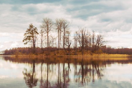 Schöne Frühlingslandschaft mit Fluss und Wald. Tiesto-See im Gebiet Witebsk, Weißrussland