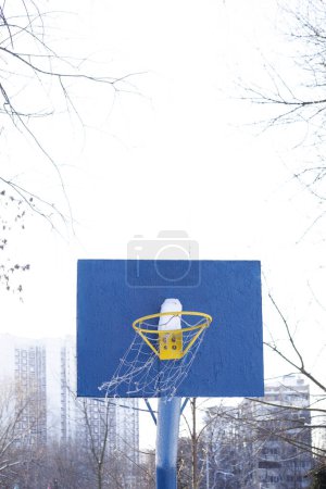 Foto de The wind shakes the basketball net. Blue basketball backboard with snow during wintertime - Imagen libre de derechos