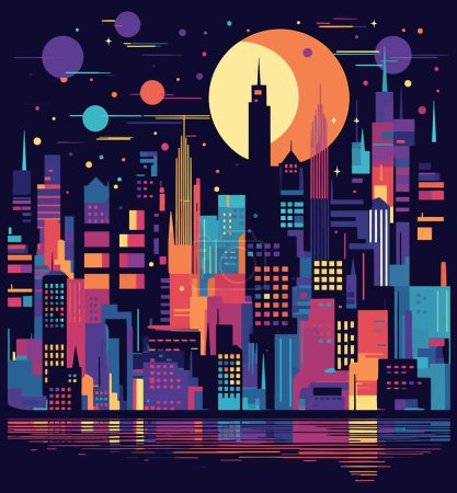 Foto de Ciudad por la noche. Ilustración vectorial en estilo plano. Paisaje urbano con rascacielos y luna - Imagen libre de derechos