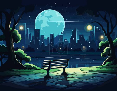Téléchargez les illustrations : Scène nocturne avec banc solitaire situé sur un chemin, offrant une vue sur une ville animée face à une lune massive - en licence libre de droit