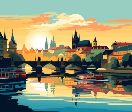 Foto de Praga paisaje urbano al atardecer, República Checa. Ilustración vectorial - Imagen libre de derechos