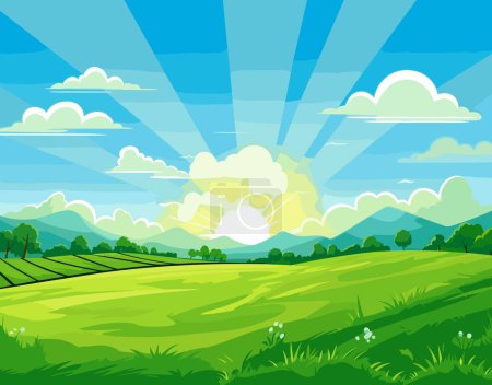 Eine helle Sonne geht über einer Cartoon-Landschaft auf, die ein grünes Feld, grüne Bäume, ferne Berge und ein ruhiges Meer zeigt.