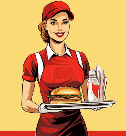 Foto de Una camarera en un animado restaurante hábilmente sostiene una bandeja con una hamburguesa y un refresco, con una hamburguesa de dibujos animados - Imagen libre de derechos