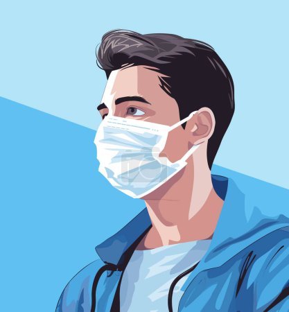 Illustration for Man with obscured face wears surgical mask, against vibrant backdrop, emphasizing public health importance. - Royalty Free Image