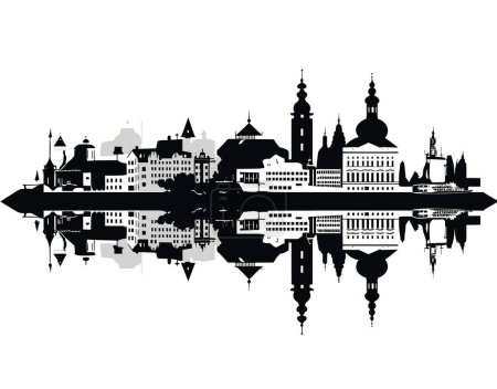 Foto de Silueta de la ciudad con reflexión sobre un fondo blanco - Imagen libre de derechos