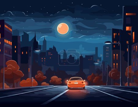 Foto de Paisaje nocturno de la ciudad con carretera y coche, ilustración vectorial en estilo plano - Imagen libre de derechos