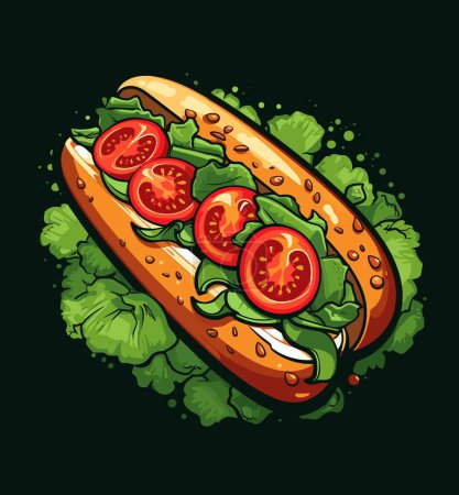 Illustration for A mouth-watering hot dog, artfully adorned with vibrant tomatoes and lettuce, is presented on a sleek black plate against a dark backdrop - Royalty Free Image