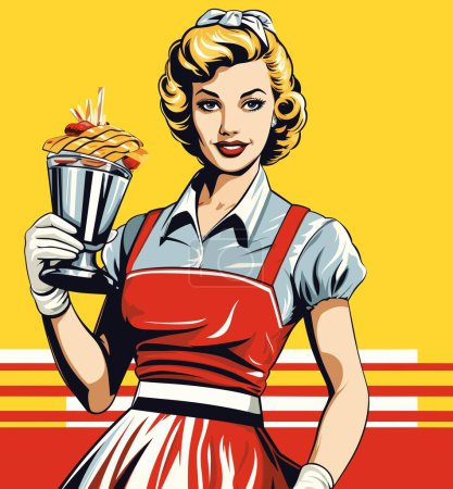 A waitress with light hair, in a red dress, holds a portion of fast food in her hand