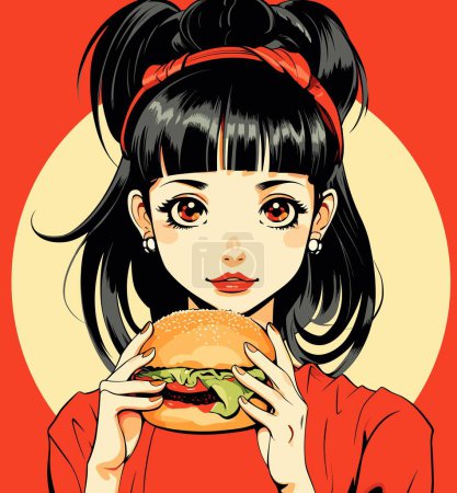 Foto de Una chica de pelo negro y ojos marrones sostiene y se come una hamburguesa, centrándose en sus ojos - Imagen libre de derechos