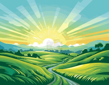 Foto de Ilustración de un prado con colinas, árboles y un campo en el contexto de un sol naciente - Imagen libre de derechos