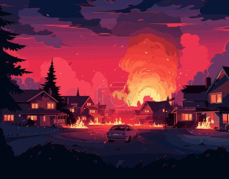 Foto de Casa en llamas en el pueblo al atardecer. Ilustración vectorial para su diseño - Imagen libre de derechos
