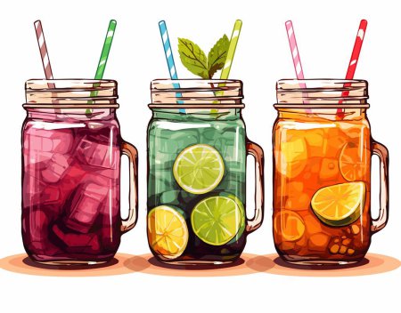 Foto de Tres frascos con diferentes bebidas refrescantes, adornados con rodajas de limón y acompañados de pajitas, se colocan sobre una superficie plana - Imagen libre de derechos