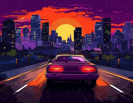 Foto de Carretera nocturna con coche y puesta de sol. Ilustración vectorial en estilo vintage - Imagen libre de derechos
