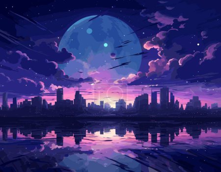 Foto de Ilustración digital de un horizonte de la ciudad al atardecer con una prominente luna grande, nubes y reflejos de agua - Imagen libre de derechos