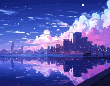 Foto de La obra de arte digital representa un horizonte de la ciudad frente al mar durante la noche con nubes luminosas, luna y reflejos vívidos en la superficie del agua - Imagen libre de derechos
