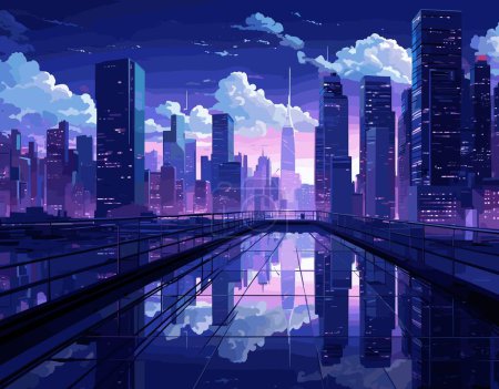 Téléchargez les illustrations : L'illustration numérique présente un paysage urbain au crépuscule dans une perspective de passerelle surélevée, mettant l'accent sur les gratte-ciel, les reflets et les nuages. - en licence libre de droit