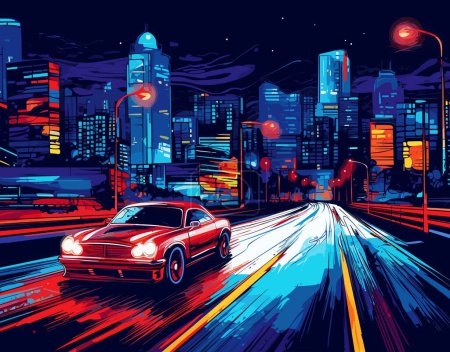 Foto de Carretera nocturna con coches y rascacielos. Ilustración vectorial - Imagen libre de derechos