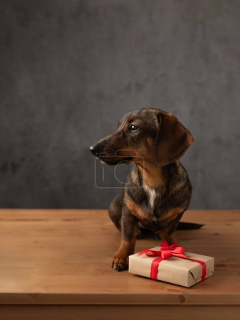 Téléchargez les photos : Mignon dachshund chien avec un cadeau - en image libre de droit