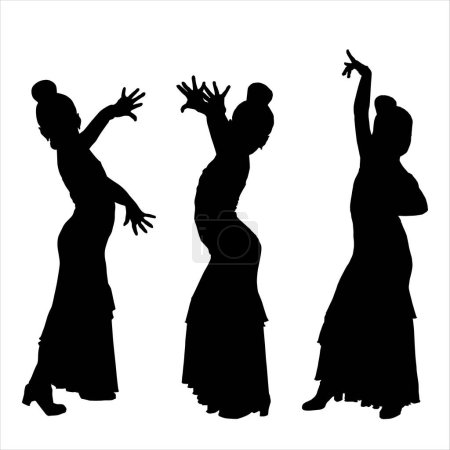 Frauen in Kleidern bleiben in Tanzpose. Flamenco-Tänzer in den spanischen Regionen Andalusien, Extremadura und Murcia. schwarze Silhouette weißer Hintergrund Pinselskizze. Vektor.
