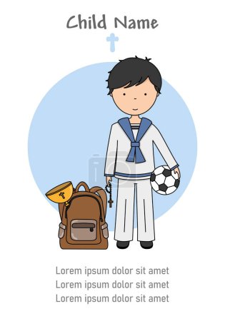 Illustration for Card my first communion. Boy with soccer ball and a chalice inside a backpack - Royalty Free Image