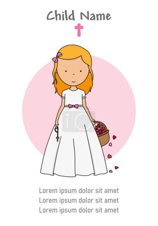Illustration for Card my first communion. Girl with a basket of hearts - Royalty Free Image