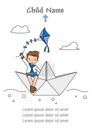 Photo for Card my first communion. Boy in paper boat with a kite - Royalty Free Image