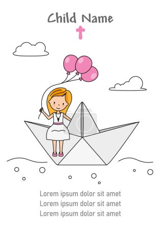 Photo for Card my first communion. Girl in paper boat with a balloons - Royalty Free Image