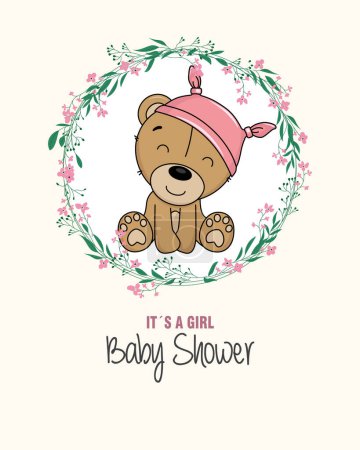 Photo for Baby girl shower card. Cute bear inside flower frame. Isolated vector - Royalty Free Image