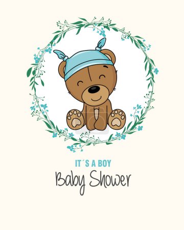 Photo for Baby boy shower card. Cute bear inside flower frame. Isolated vector - Royalty Free Image