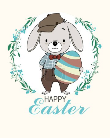 Photo for Happy easter day card. Cute rabbit with easter egg inside a flower frame - Royalty Free Image