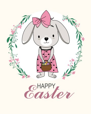 Photo for Happy easter day card. Cute rabbit with a basket of easter eggs - Royalty Free Image