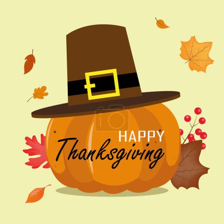 Photo for Happy Thanksgiving card. Pumpkin with thanksgiving hat - Royalty Free Image