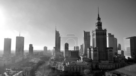 Photo for Warsaw, Poland. 6 November 2022. Skyscrapers in the financial district of downtown Warsaw. Black and white - Royalty Free Image