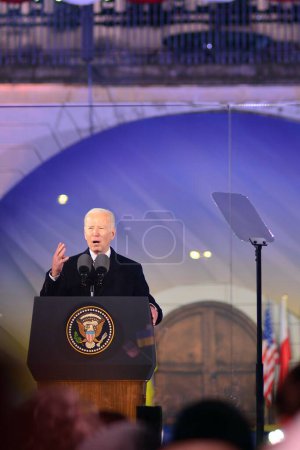 Photo for Warsaw, Poland. 21 February 2023. USA President Joe Biden at the Warsaw Royal Castle Gardens. The speech on the anniversary of the Russian invasion of Ukraine as part of his visit to Poland. - Royalty Free Image