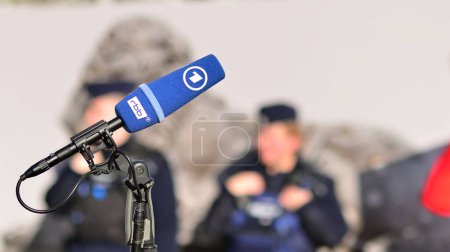 Photo for Warsaw, Poland. 24 October 2023. Microphone with the logo of the TV news  channel. Sign RBB. ARD. - Royalty Free Image