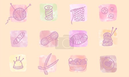 Téléchargez les illustrations : Line style knitting icon with watercolor background vector - en licence libre de droit