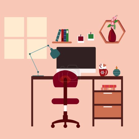 Ilustración de Un escritorio con un ordenador y un florero en la pared - Imagen libre de derechos