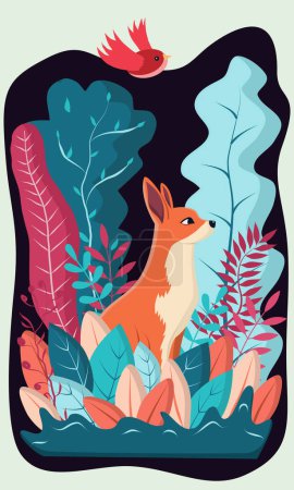 Illustration for A fox and a bird in the Forest with a black background and colorful plants - Royalty Free Image