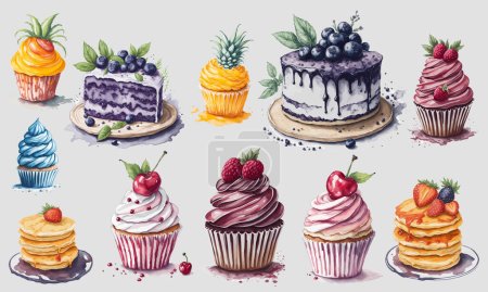Deliciosos Postres: Una Colección de Acuarelas de Pasteles, Cupcakes y Panqueques