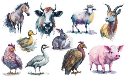 Farm Animals Watercolor Collection. Vector illustration